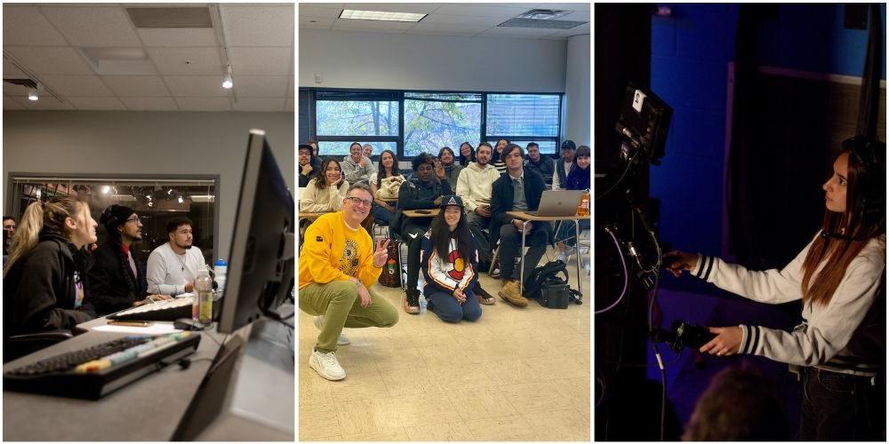 3 images - Image 1: A MSU Denver student operates a camera at their studio on campus to film a forum; Image 2: Students in Public Relations Fundaments class smile with a class visitor; Image 3: MSU Denver students use their studio on campus to film a forum